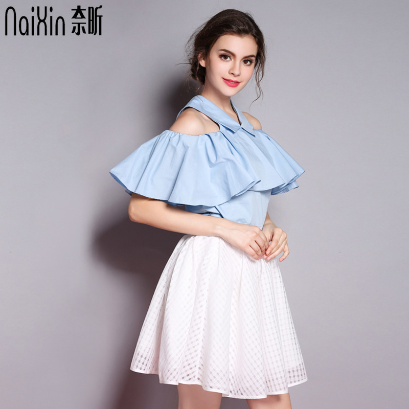 奈昕定制 10266夏季新款时尚方领露肩修身荷叶边女式上衣纯色T恤