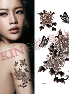 KING纹身贴 蝴蝶 黑色牡丹 防水 女  写真 性感大图纹身贴纸HM350