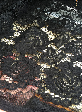 进口黑色稍硬有型高含棉蕾丝面料 连衣裙布面料 可修剪波浪边