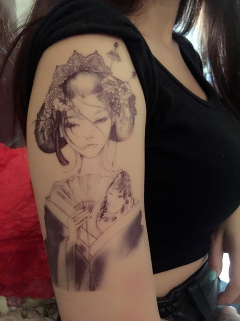 原创花臂纹身贴纸 防水纹身贴 男女古典美女 持久大图 艺妓半臂贴