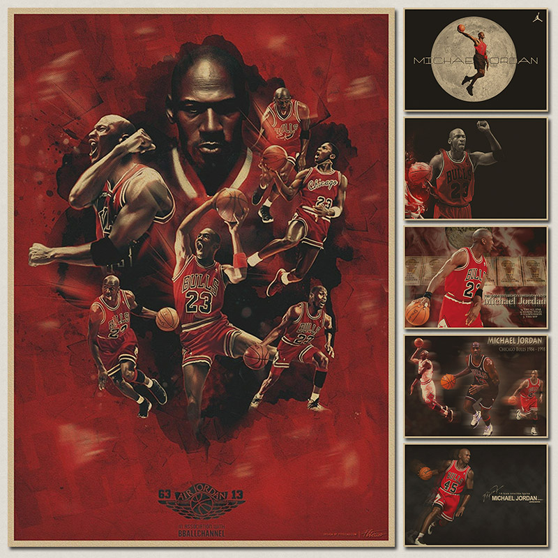 乔丹 篮球NBA体育明星 公牛队 灌篮 复古牛皮纸海报 装饰画 壁纸图片