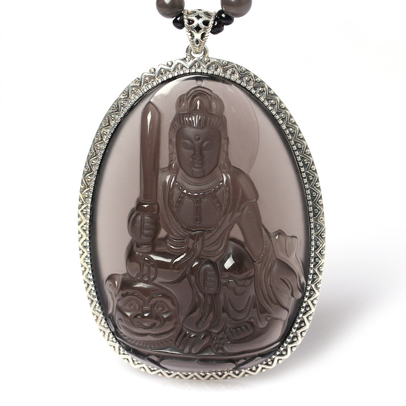 天然冰种92银包边黑曜石文殊菩萨十二生肖兔守护神本命佛吊坠