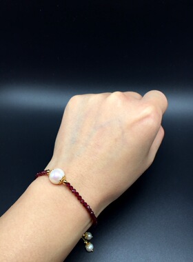 天然强光圆形白色珍珠酒红钻面石榴石女士手链包邮特价14k包金