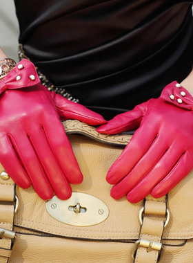 WARMEN女士新款真皮手套 时尚蝴蝶结韩版薄款羊皮手套 潮 L119NN