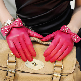 WARMEN女士新款真皮手套 时尚蝴蝶结韩版薄款羊皮手套 潮 L119NN