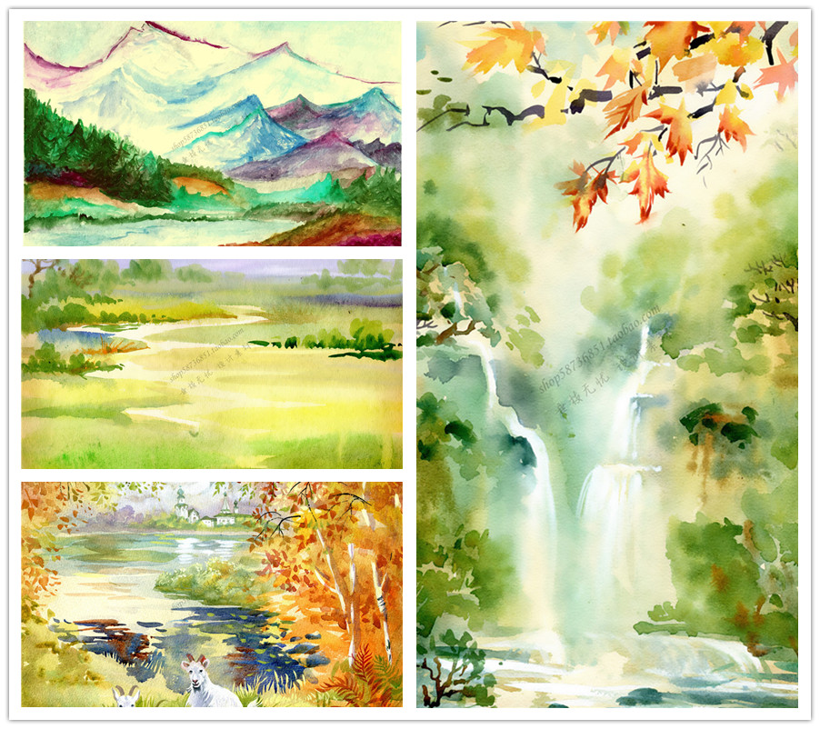 A1371矢量唯美水彩风格风景画山脉草地瀑布枫叶森林 AI设计素材