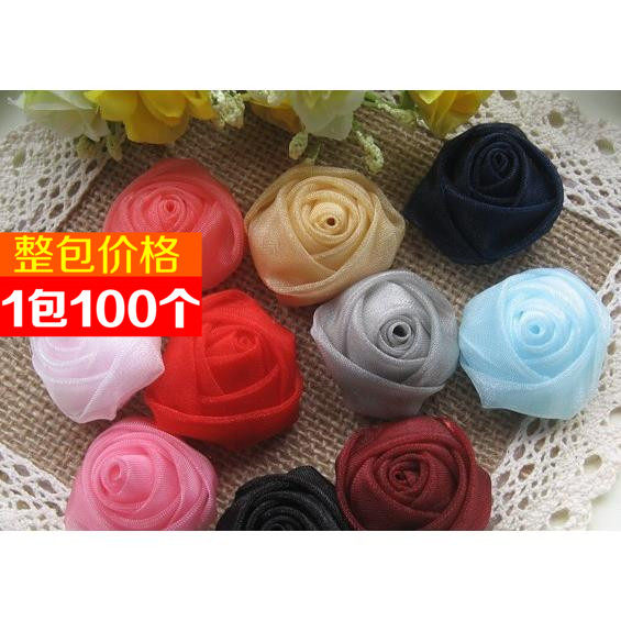 【100个】3.5-4cm优质网纱玫瑰花 纺纱带立体山茶花 diy饰品配件