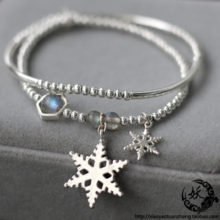 夜雪 925纯银手链 双层弹力 雪花六芒星六边形灰月光女款极细手链