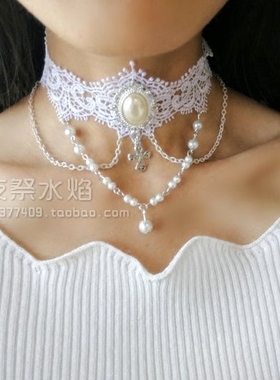 欧式花纹白色新娘串珠蕾丝项链