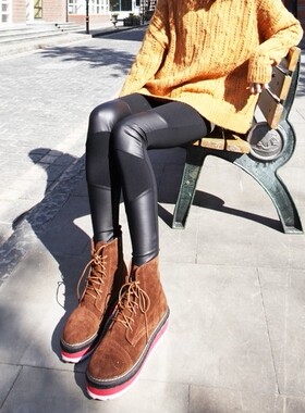 女士秋季薄款外穿蕾丝拼接仿皮打底裤皮裤韩版弹力显瘦潮小脚裤