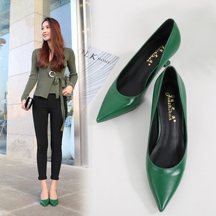 2024新款猫跟尖头少女细跟高跟鞋女黑色工作鞋百搭红色法式中跟鞋