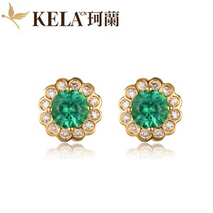 珂兰彩宝 18K黄天然钻石圆形祖母绿耳钉耳环高贵优雅耳饰 绿柔P