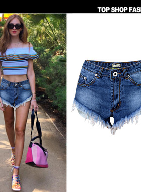 速卖通EBAY亚马逊新款性感高腰毛须边女士百搭牛仔短裤显瘦显腿长