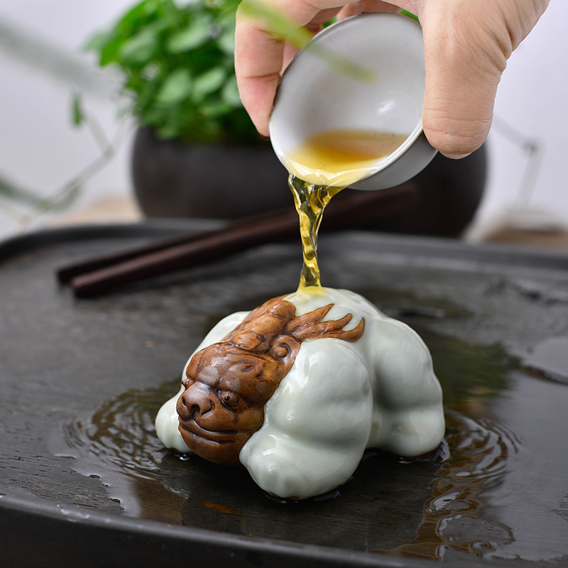 美到家 汝窑茶宠摆件精品 茶盘紫砂茶玩 可养开片憨龙茶具茶宠