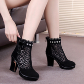 网靴女短靴春秋真皮镂空网纱中跟透气磨砂单靴夏季 粗跟高跟女靴子