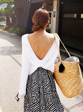 韩国东大门22SS白色长袖T恤女露背交叉褶皱上衣防晒衫运动瑜伽服