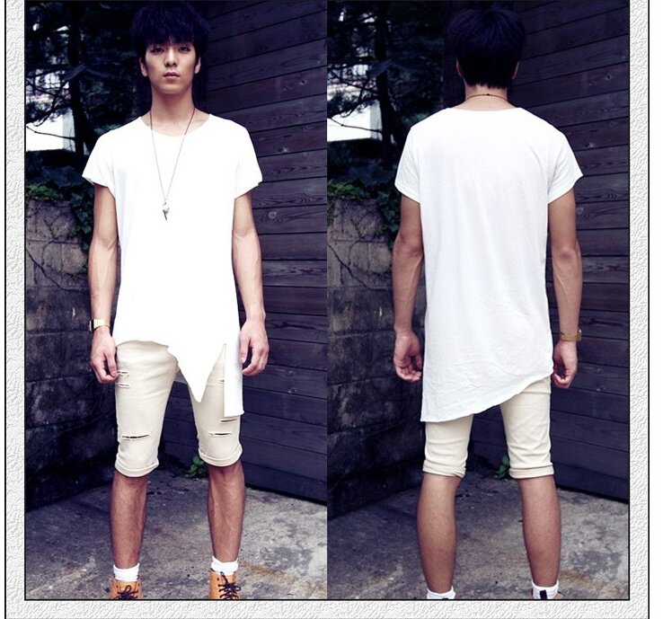 夏装新款非主流潮男t恤男士韩版不规则中长款短袖T恤纯色打底衫男
