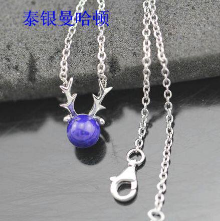 泰银925纯银正品原创设计镀白金天然青金石鹿好运项链坠套装46cm