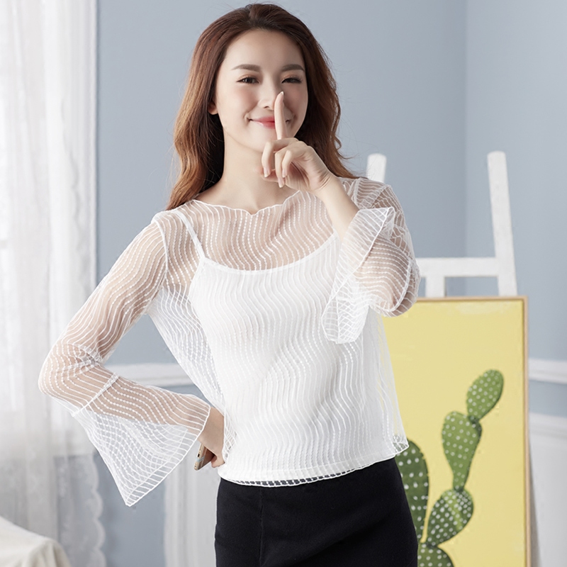 2件套夏季透视蕾丝网纱镂空雪纺防晒上衣喇叭长袖宽松打底衫女