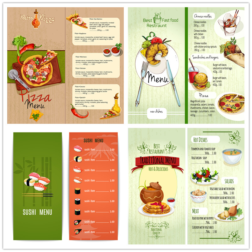 A0094矢量快餐汉堡批萨寿司可乐甜甜圈菜单模板 AI设计素材