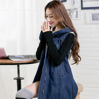 2015秋冬学生时尚修身韩版牛仔拼毛衣袖子中