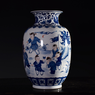 陶瓷器 博古架桌面摆件家居饰品 彷古青花瓷婴戏图花瓶花插