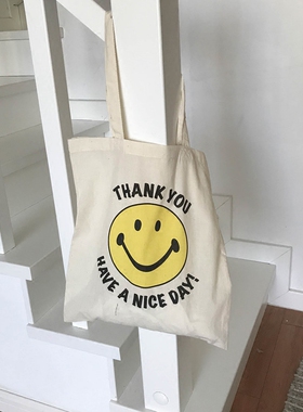 nice day笑脸包totebag百搭日系布包女包可爱ins薄款单肩布袋字母