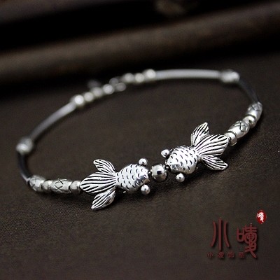 民族银饰品 藏银苗银民族风手链手镯 新款平安金鱼手镯手链女B017