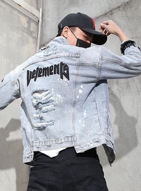 潮流男士春秋浅蓝色宽松落肩牛仔衣外套港风复古字母绣花休闲夹克