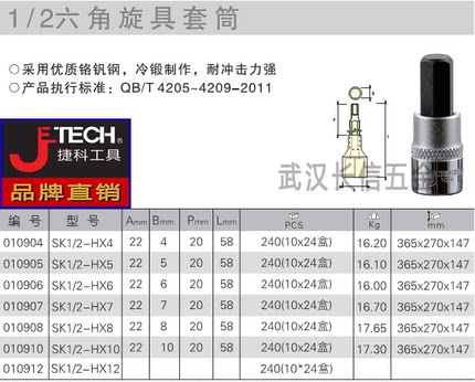 捷科JETECH12.5m加长内六角旋具套筒SK1/2-HX4/5/6/7/8/10/12-100