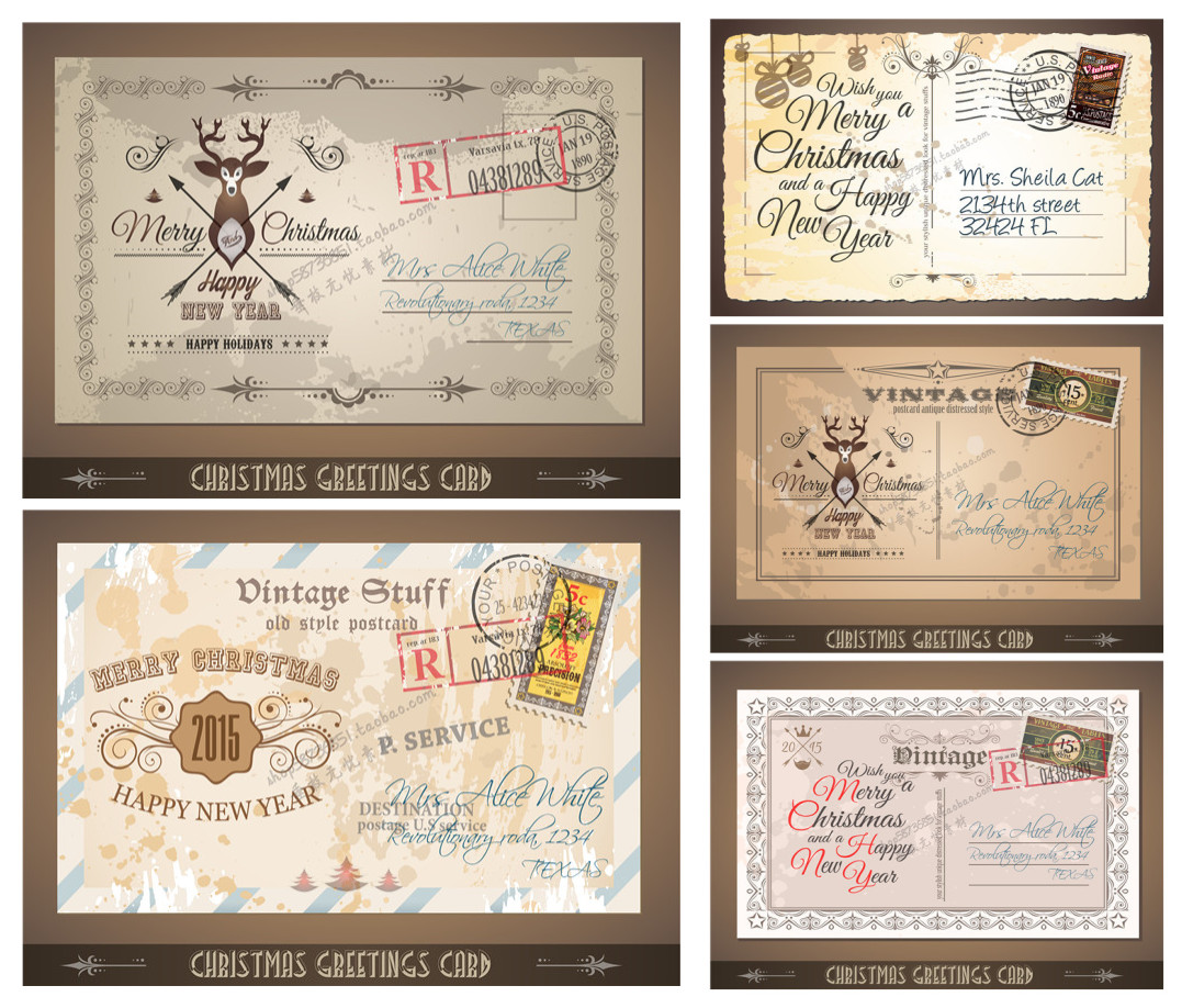 A1877矢量欧美复古圣诞明信片模板邮票花纹图案 AI设计素材