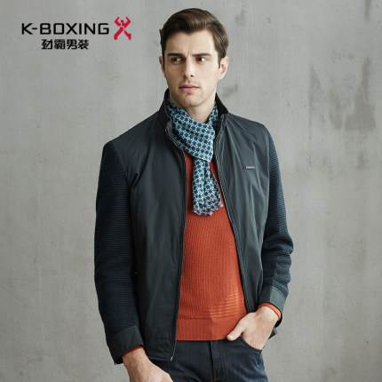 劲霸 男士商务秋装外套 立领爸爸装 中年轻薄休闲拼接夹克正品