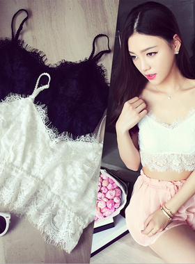 2019夏季新款百搭V领睫毛蕾丝黑白色小背心 肩带可调可卸裹胸 特