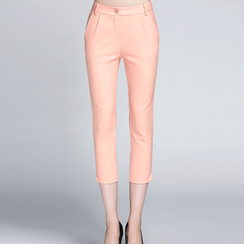 annally 典雅夏装新款气质优雅简约粉色修身七分裤甜美女裤铅笔裤
