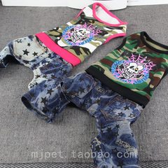 铭嘉宠物服饰迷彩春夏泰迪狗狗衣服全棉两脚短袖牛仔背心四脚裤子