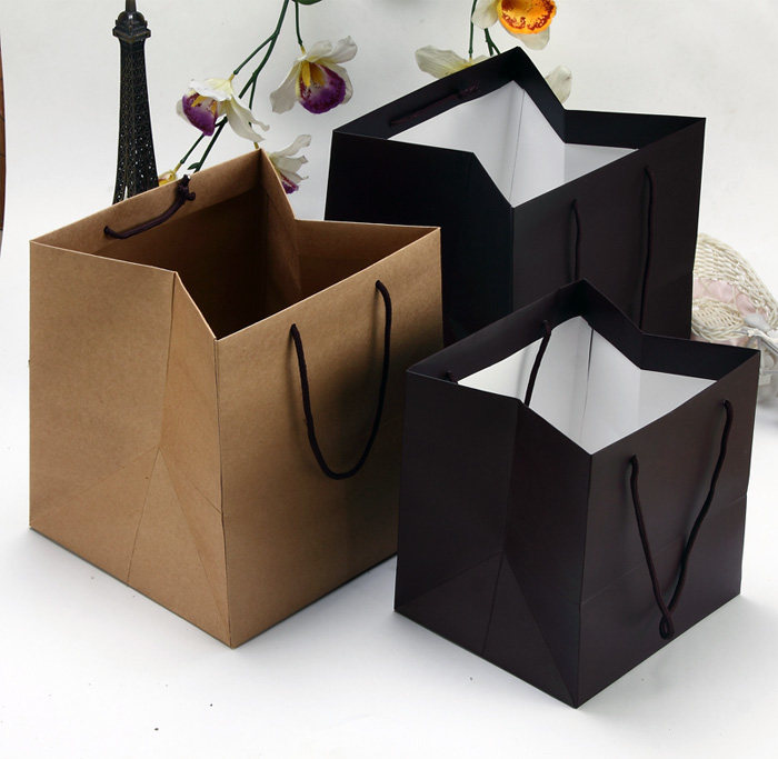 方体袋牛皮色现货高档加厚 礼品袋蛋糕盒正方形宽底纸袋子大中小