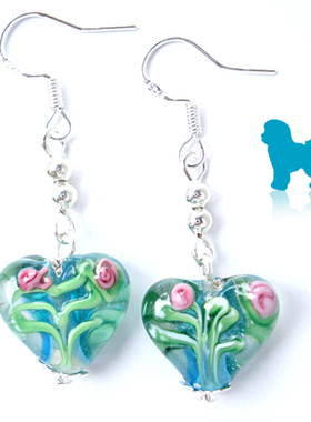 ER54MuralaGlass出口意大利 琉璃蓝色 爱心小草耳坠 纯银耳环包邮