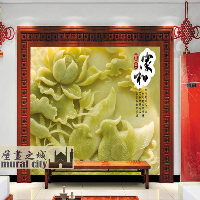 3d立体古典玉雕墙纸荷花古典鸳鸯壁纸现代居家电视沙发背景墙