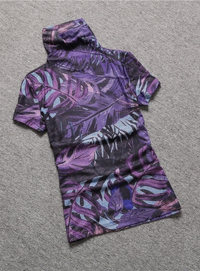 欧洲站短袖T恤女秋季2025新款紫色大码高领半袖上衣网纱打底衫