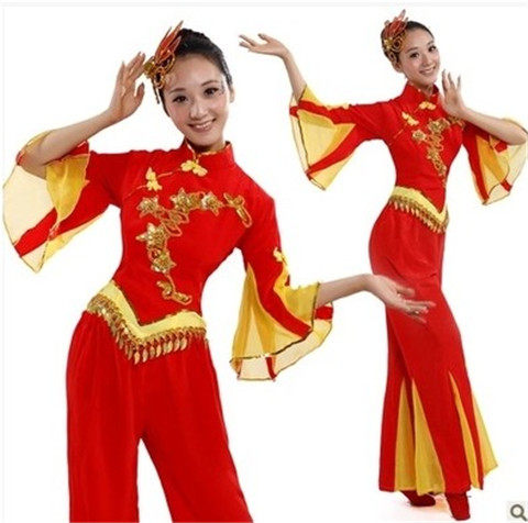 成人红节日红表演服装民族秧歌服装套装腰鼓舞广场舞姑娘