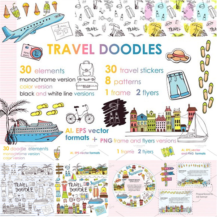A0337矢量手绘旅行图标插画飞机欧洲建筑纹样边框 AI设计素材