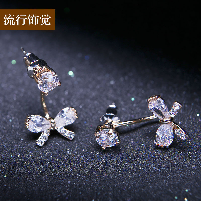 韩版精致蝴蝶结锆石后挂式耳环耳钉两用闪耀甜美气质耳饰品女包邮