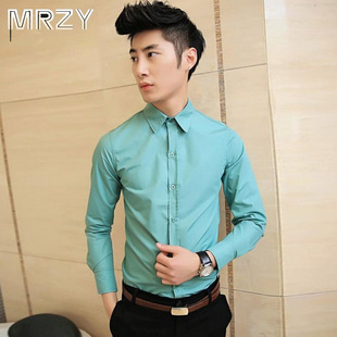 美仁智衣 22新款韩版男士长袖衬衫灰绿色修身衬衣纯色打底寸衫男