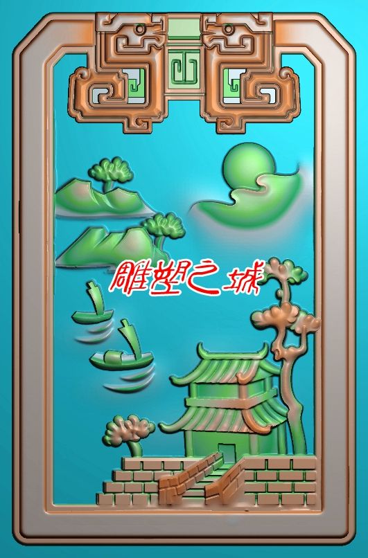 精雕图 灰度图 浮雕图 电脑雕刻图 双草龙边框阁楼山水