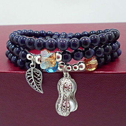 蓝砂石多层串珠树叶吊坠手链