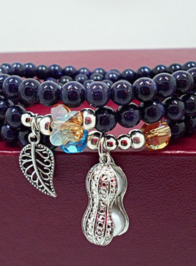 蓝砂石多层串珠树叶吊坠手链