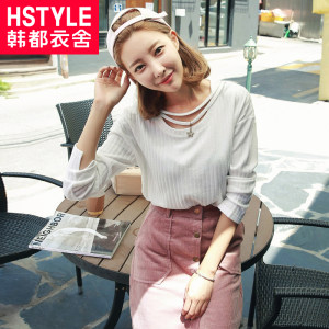 韩都衣舍2017韩版女装春装新款打底衫宽松上衣长袖潮T恤HH6202