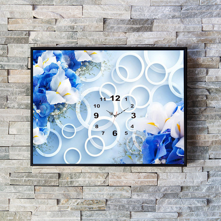 十字绣时钟表钻石画蓝色钟表全贴砖石绣客厅卧室优雅兰花花卉植物