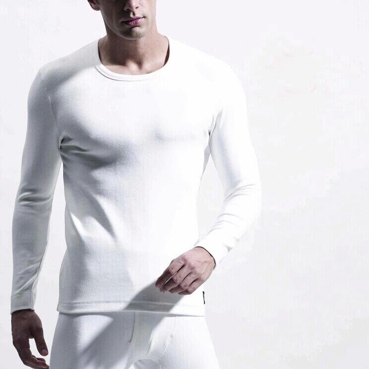 定制男士白色圆领紧身保暖内衣套装加厚秋衣秋裤纯色打底莱卡内衣