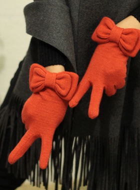 日系甜美大蝴蝶结羊毛呢手套冬季气质百搭纯色保暖女士户外分指厚